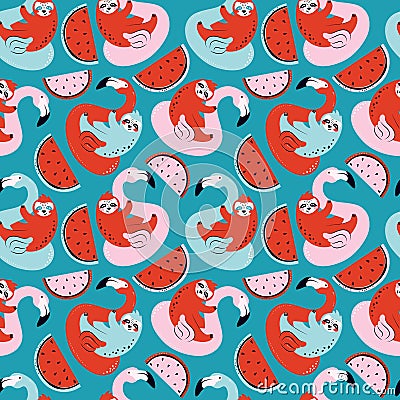 Funny sloth swims on an inflatable Flamingo float seamless pattern. Hand drawn swimming toy, sweet watermelon, cute animal on blue Cartoon Illustration