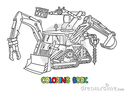 Funny small bulldozer multi tool coloring book Vector Illustration