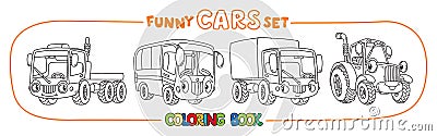 Funny small cars with eyes. Coloring book set Vector Illustration