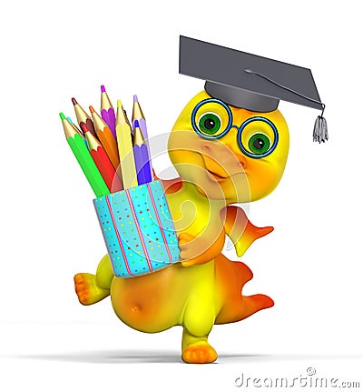 Funny small dragon character graduation cap diploma and pencils Stock Photo