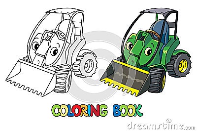 Funny small mini tractor with eyes. Coloring book Vector Illustration