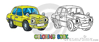 Funny small retro car with eyes. Coloring book Cartoon Illustration