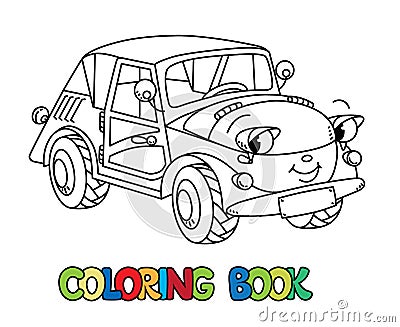 Funny small retro car with eyes. Coloring book Vector Illustration