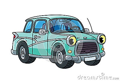 Funny small retro car with eyes. Vector Vector Illustration