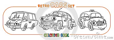 Funny small retro taxi cars coloring book set Vector Illustration