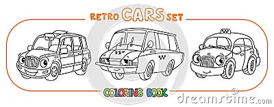 Funny small retro taxi cars coloring book set Vector Illustration