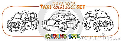 Funny small taxi cars set. Coloring book Vector Illustration