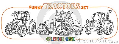 Funny small tractor set with eyes. Coloring book Vector Illustration