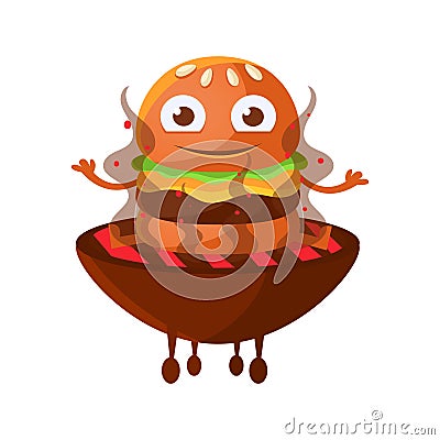 Funny smiling burger with big eyes sitting on the hot BBQ charcoal grill. Cute cartoon fast food emoji character vector Vector Illustration