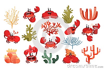 Funny smiling crab characters set. Cute crustacean creatures with big claws and seaweeds vector Vector Illustration