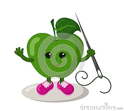 Funny smiling cute kawaii apple with sneakers holding sewing needle Vector Illustration