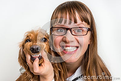 Funny smiling dog and veterinarian in veterinary clinic Stock Photo