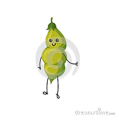 Funny smiling fresh green haricot with leaf cartoon character vector Illustration Vector Illustration