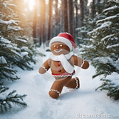 Funny Gingerbread man in santa hat running in the winter forest Stock Photo