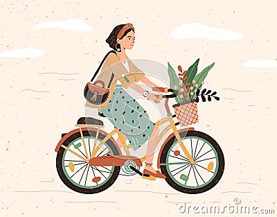 Funny smiling girl dressed in stylish clothes riding bicycle with flower bouquet in front basket. Cute happy young woman Vector Illustration