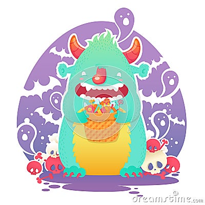 Funny smiling Halloween fluffy monster character Vector Illustration