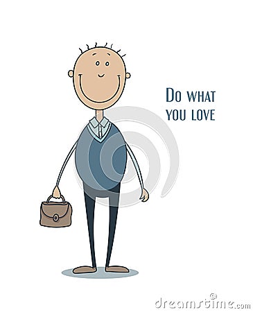 Funny smiling man in a blue waistcoat with thin hair and with a briefcase in his hand Vector Illustration