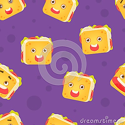 Funny Smiling Sandwich Character Seamless Pattern, Childish Design Element Can Be Used for Wallpaper, Packaging Vector Illustration