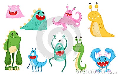 Funny Smiling Toothy Monsters with Horns Vector Set Vector Illustration