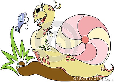 Funny snail with butterfly. Animals and birds cartoon characters on white Stock Photo