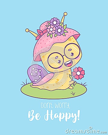 Funny snail character pretty woman in hat with flowers. Cute insect kawaii character. Vector illustration. Cool poster Vector Illustration