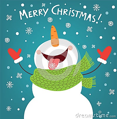 Funny snowman enjoying the snowflakes. Christmas card illustration Vector Illustration