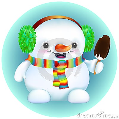 Funny snowman in furry earmuffs,rainbow scarf Vector Illustration