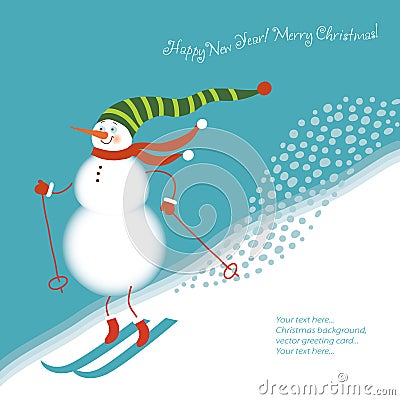 Funny snowman go alpine skis Vector Illustration