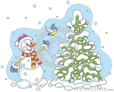 Funny Snowman playing with a small bird Vector Illustration