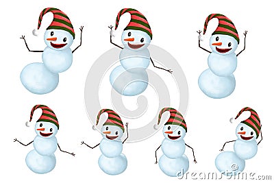 Funny Snowman set with Hat and Carrot Nose dancing Stock Photo