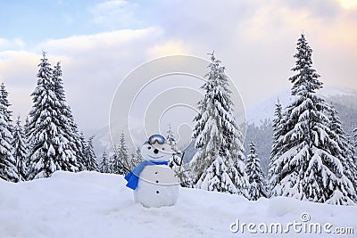 Funny snowman in ski glasses and blue scraf. Winter landscape with trees in the snowdrifts, the lawn covered by snow Stock Photo