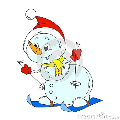 Funny snowman skier. New Year snowman character Stock Photo