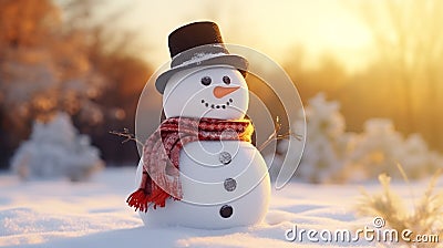 Funny snowman in stylish black hat and yellow scalf on snowy field. Merry Christmass and happy New Year Stock Photo