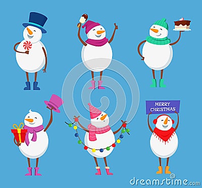 Funny snowmen in different action poses. Cute winter characters for christmas happy holidays Vector Illustration