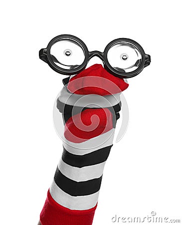 Funny sock puppet with glasses isolated on white Stock Photo