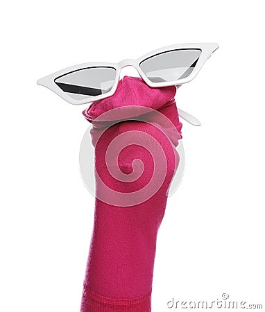 Funny sock puppet with sunglasses isolated on white Stock Photo
