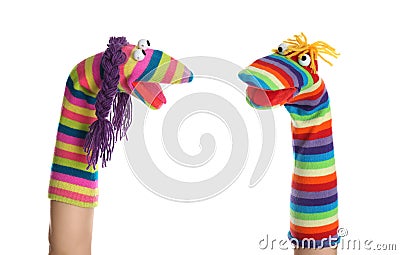 Funny sock puppets for show on hands against white background Stock Photo