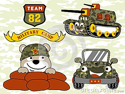 Funny soldier cartoon with armored vehicle Vector Illustration
