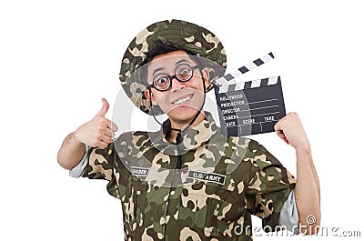 Funny soldier with movie board Stock Photo