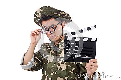 Funny soldier with movie board Stock Photo