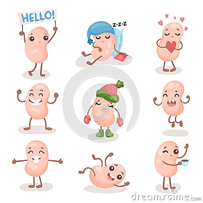 Funny soy bean characters set, cute soybean with human face showing different emotions cartoon vector Illustrations Vector Illustration