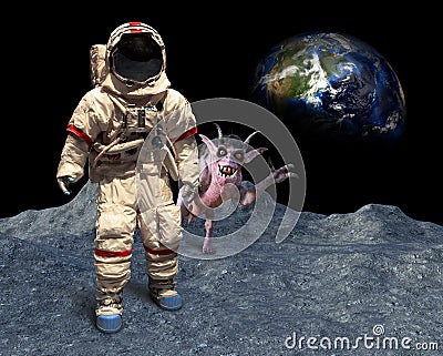 Funny Astronaut, Space Alien, Photobomb, Moon Landing Stock Photo