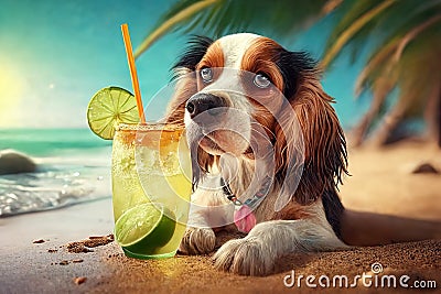 Funny spaniel dog on sea beach, pet relaxes with cocktail on vacation, generative AI Cartoon Illustration