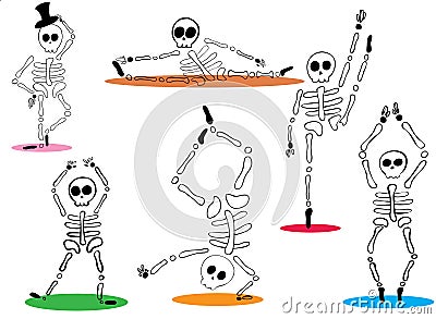 Funny spooky skeletons dancing on white background Vector Illustration