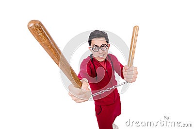 Funny sportsman with nunchuks isolated on white Stock Photo