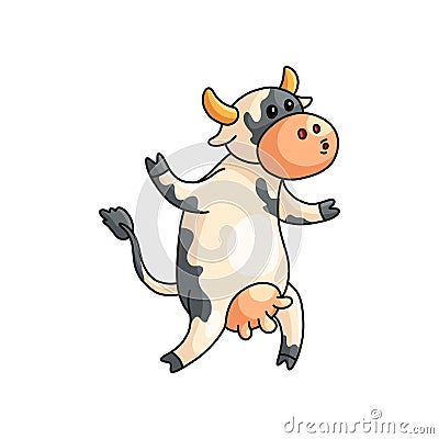 Funny spotted cow going away on two paws indignantly mooing isolated on white Vector Illustration