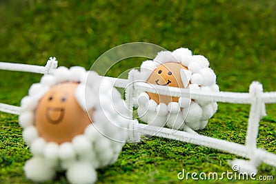 Funny spring or easter scenery on green meadow, two lamb figures on a fence Stock Photo