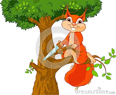 Funny squirrel saws branch Vector Illustration