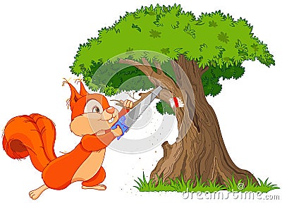 Funny squirrel saws branch Vector Illustration