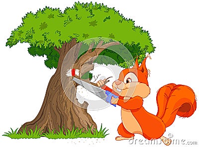 Funny squirrel saws tree branch Vector Illustration